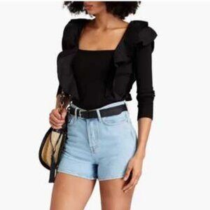 NWT$258 VERONICA BEARD Gidea Ruffle Shoulder Long Sleeve Stretch Knit Top XS